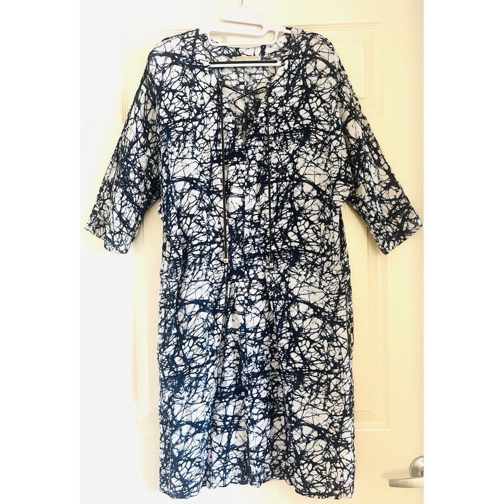 Michael Kors Dress Womens Large L Blue White Abstract Batik Crackle Midi Lace Up